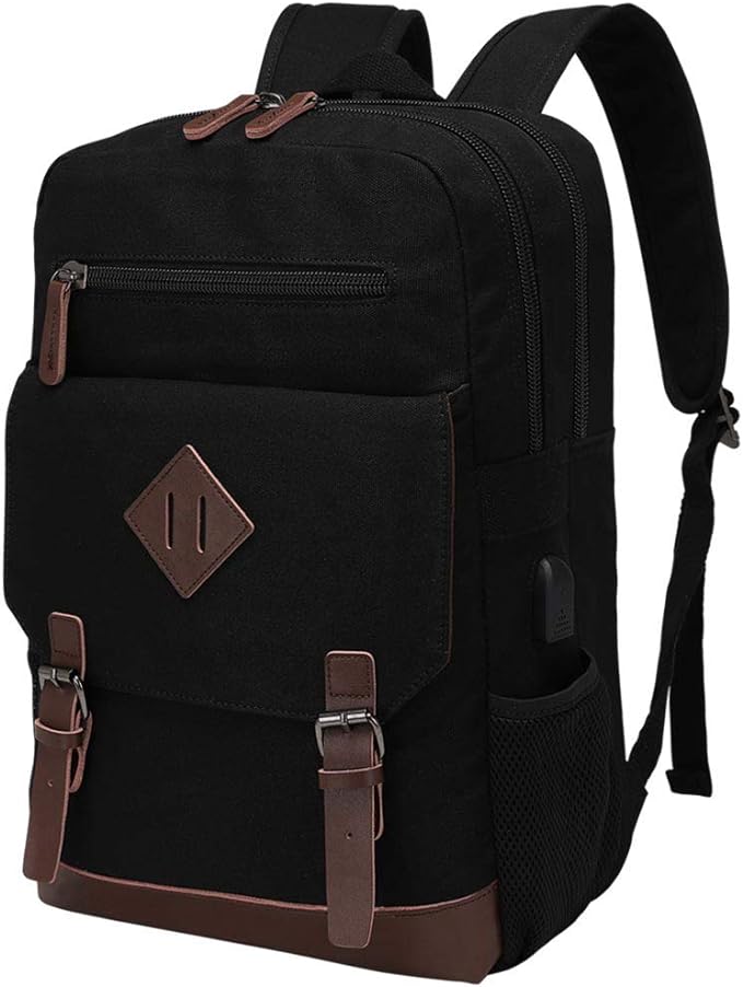 Canvas Backpack for Men Women, Vintage Rucksack Fits Most 15.6 Inch Laptop, Bookbag with USB Charging Port, Black
