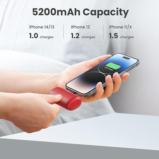 [2-Pack] Mini Portable Charger for iPhone,5200mAh Ultra Compact PD Fast Charging Power Bank,Plug-in Battery Pack Travel Cordless Phone Charger,Compatible with iPhone 14/14Pro/13/12/11/X/8(Purple+Red)