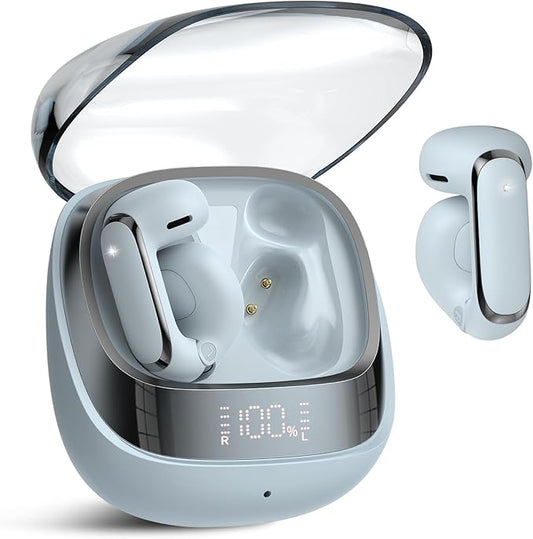 Wireless Earbuds, Clip On Ear Headphones, Bluetooth 5.4 HiFi Stereo Earbuds, 42H, LED Display Ear Buds, Comfortable Lightweight, IP7 Waterproof Open Ear Earphones, Earbud for Workouts Running, Blue