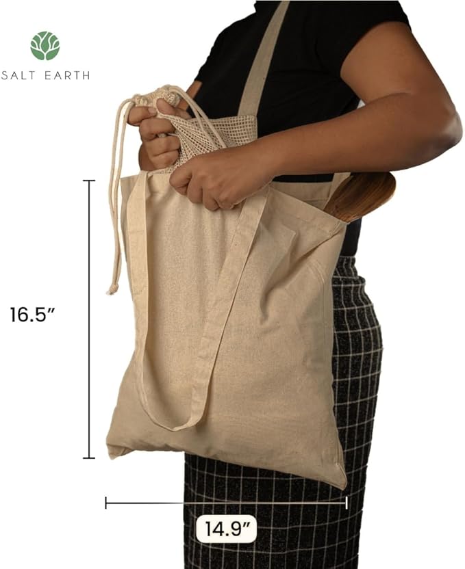 Salt Earth Pack of 5 | 6 | 12 | 24 | 48 – 100% Cotton Reusable Tote Bags – Bulk Grocery, Shopping, DIY, Beach & Gift Use