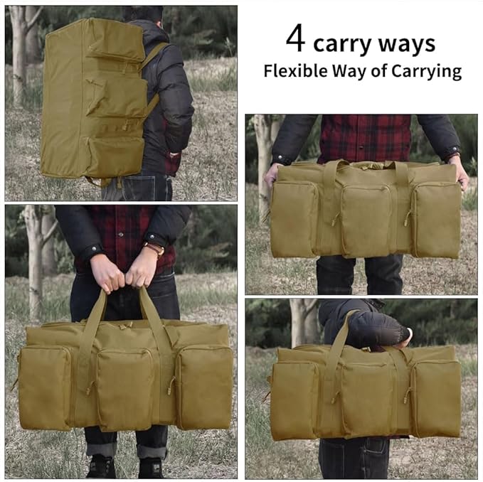 Large Military Travel Duffle Bag Tactical Camping Storage Utility Tote Bag Camping Kitchen Organizer with Deployment Cargo Bag Travel Sports Equipment (Khaki, Large 25.59"x13.78"x13.78")