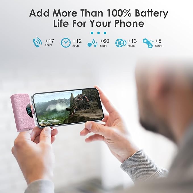 Mini Portable Charger Power Bank for iPhone, 5200mAh External Battery Charging Bank, 20W PD Fast Charging Battery Pack Portable Phone Charger for iPhone 14 Pro Max/14/13/12/11/XR/X/8/7/6/SE (Pink)