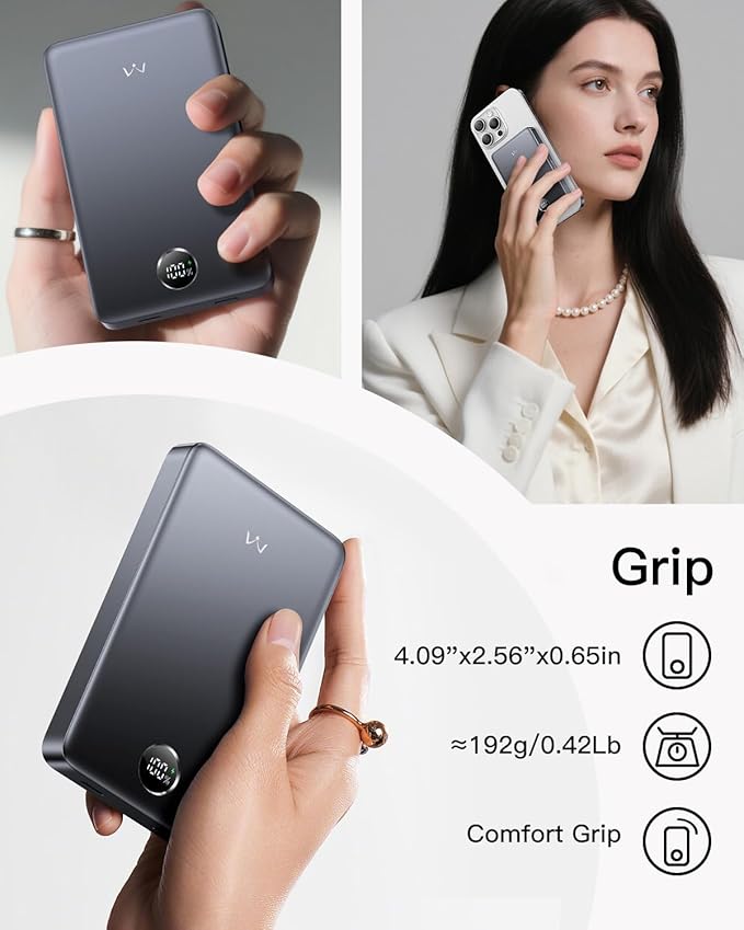 iWALK Magnetic Portable Charger, Qi2 Certified 15W Magnetic Power Bank with LED Display, 30W PD Fast Charging, 10,000mAh Battery Pack, Ergonomic Design, for iPhone 17/16/15/14/13/12 Series Gray