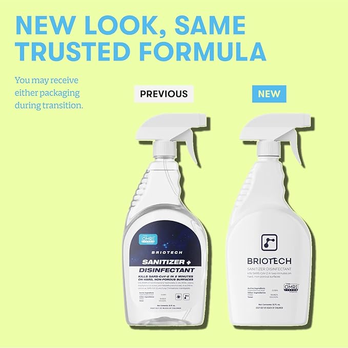 BRIOTECH Sanitizer Disinfectant Hypochlorous, Kill 99.99% of Viruses & Bacteria, Control Mold, Eliminate Odor, Gentle for Nursery & Play Rooms, Food Contact Surface Sanitizer, 1 Gallon Refill (2 Pack)