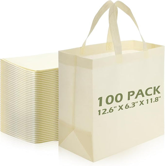 Reginary Reusable Totes Bags - 100 Pcs Non Woven Grocery Handle Bags for Shop Events & Retail Store(Beige)