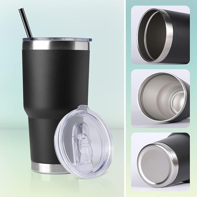 DOMICARE 30oz Tumbler Bulk with Lid and Straw, Double Wall Travel Coffee Mug, Insulated Vacuum Stainless Steel Tumblers, Powder Coated Tumbler Cup (Black, 8)