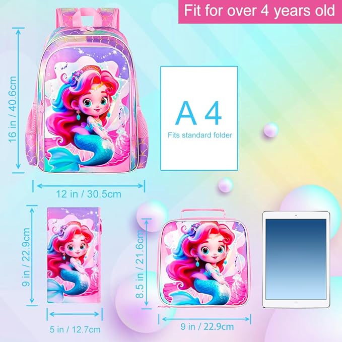 3Pcs Mermaid Backpack for Girls, 16" Kids Bookbag with Lunch Box，School Backpacks for Elementary Preschool Kindergarten (Pink)