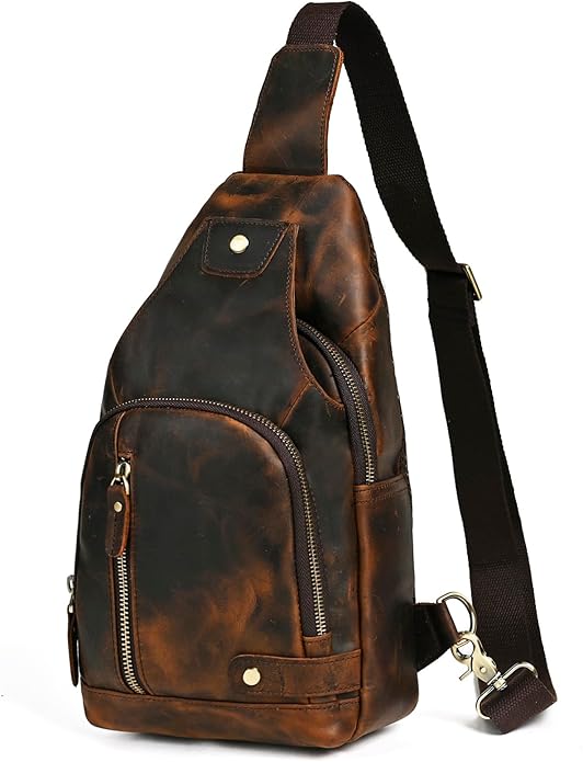 Thick Crazy horse Leather Triangle Crossbody Sling Chest Bag Travel One Shoulder Bag Daypack For Men Male 3028