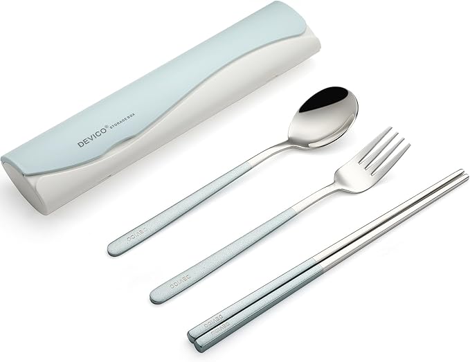 DEVICO Portable Travel Utensils with Case, Reusable Camping Silverware for Lunch, 18/8 Stainless Steel Cutlery Set (Blue)