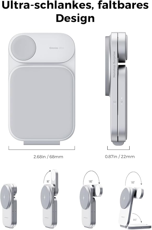 MagFusion Z 3-in-1 Charging Station Compatible with MagSafe, 15W Wireless Foldable Charger Qi2 Certified, Magnetic Charger for iPhone 17/16/15/14/13/12, AirPods 4/3/2/Pro, Apple Watch, Silver