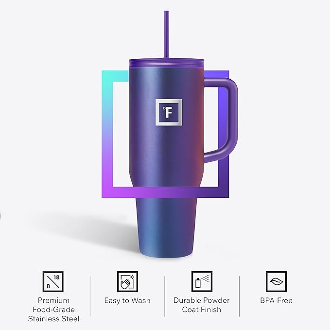 IRON °FLASK Co-Pilot Insulated Mug w/Straw & Flip Cap Lids - Cup Holder Bottle for Hot, Cold Drink - Leak-Proof- Water, Coffee Portable Travel Tumbler - Cosmetic Pink, 40 Oz