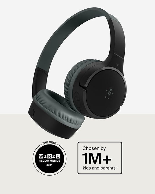 Belkin SoundForm Mini Kids Wireless Headphones w/Built-in Microphone, 30H of Playback Time, & Fun Stickers - Over-Ear Headsets for Online Learning, School, Travel, iPhone, iPad, Galaxy & More - Black