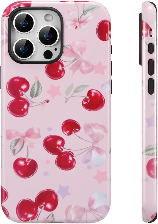 QLTYPRI Case for iPhone 15 Pro Max, Aesthetic Cute Pink Cherry Bow Phone Case for Girls Women, Protective Hybrid 2-Layer Hard Shell Silicone Cover Durable Shockproof Phone Cover - Pink