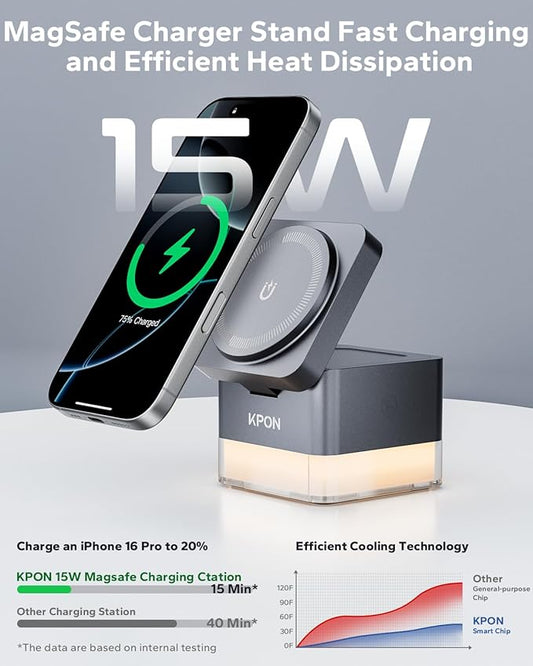 KPON for iPhone Nightstand Charging Station,15W 3 in 1 Wireless Phone Charger Stand with Night Lamp, Travel Foldable Magnetic Cube Magsafe Dock for iPhone 17 16 15 14 13 12 Series/Apple Watch/Airpods