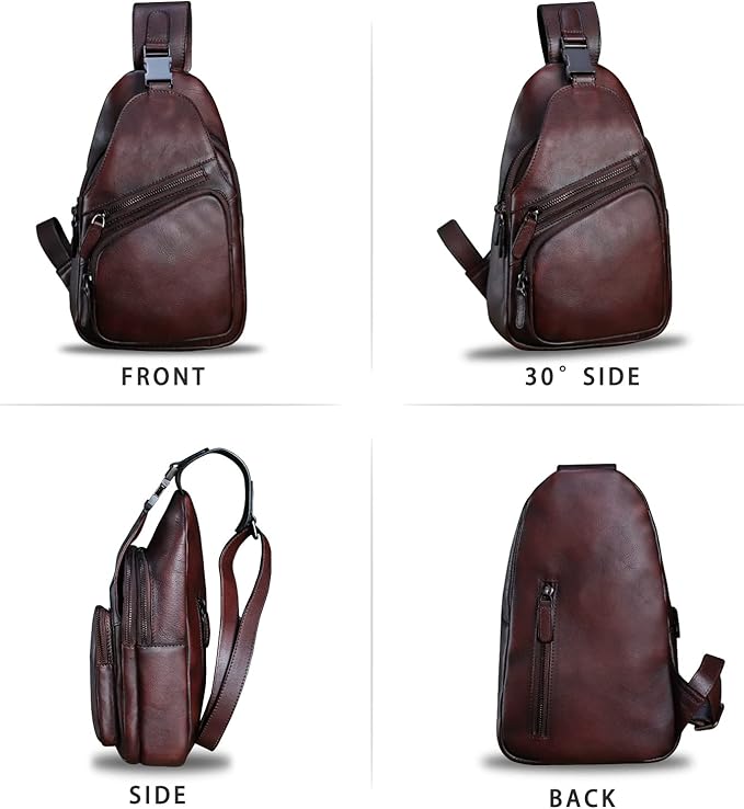 Genuine Leather Sling Bag Crossbody Purse Handmade Hiking Daypack Motorcycle Bag Retro Shoulder Backpack Vintage Chest Bag (Coffee)