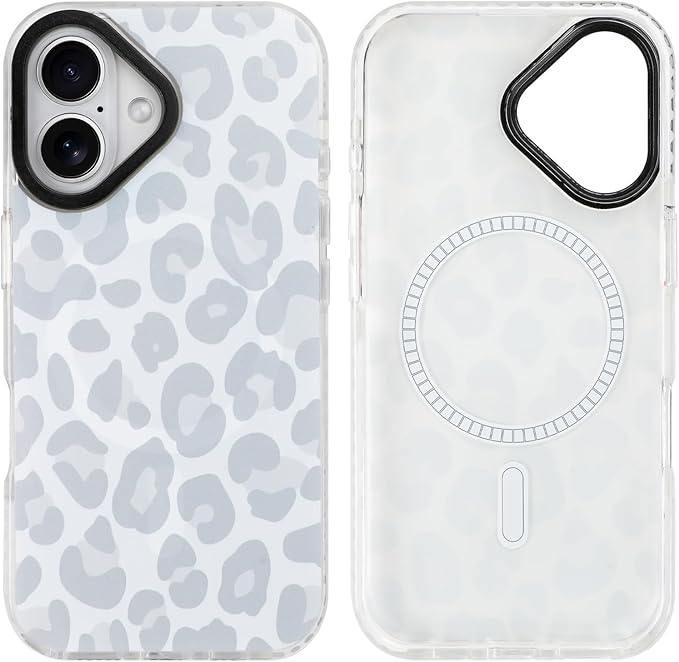 SAKUULO Magnetic for iPhone 16 Case Light Gray Leopard Print Pattern [Compatible with MagSafe] [with Screen Protector] Wireless Charge Strengthen Protection Cover, Light Gray Leopard (6.1")