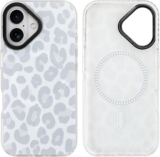 SAKUULO Magnetic for iPhone 16 Case Light Gray Leopard Print Pattern [Compatible with MagSafe] [with Screen Protector] Wireless Charge Strengthen Protection Cover, Light Gray Leopard (6.1")
