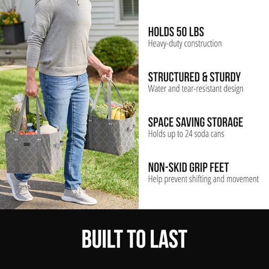 GORILLA GRIP Heavy Duty Foldable Reusable Grocery Bags, Tear Resistant Box Shape Shopping Tote with Reinforced Handles, Grip Feet, Easily Carry and Transport Groceries, 13x10x11, 1 PK, Quatrefoil Gray