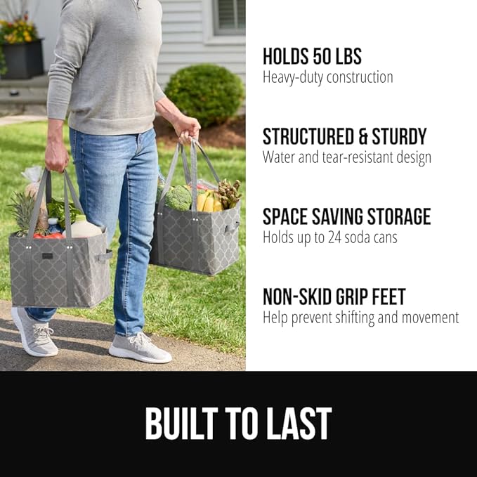 GORILLA GRIP Heavy Duty Foldable Reusable Grocery Bags, 3 PK, Tear Resistant Box Shape Shopping Tote with Reinforced Handles, Grip Feet, Easily Carry and Transport Groceries, 13x10x11, Quatrefoil Gray