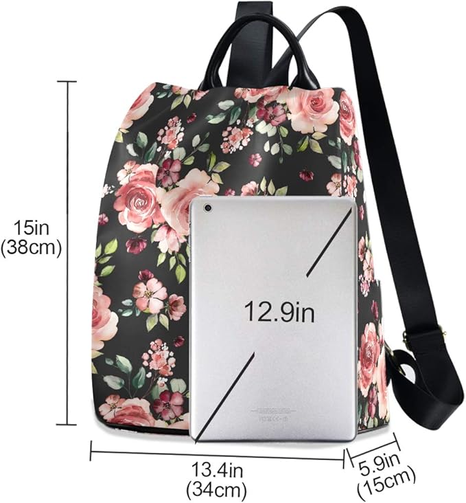 ALAZA Rose Flowers Floral Black Backpack Purse for Women Anti Theft Fashion Back Pack Shoulder Bag