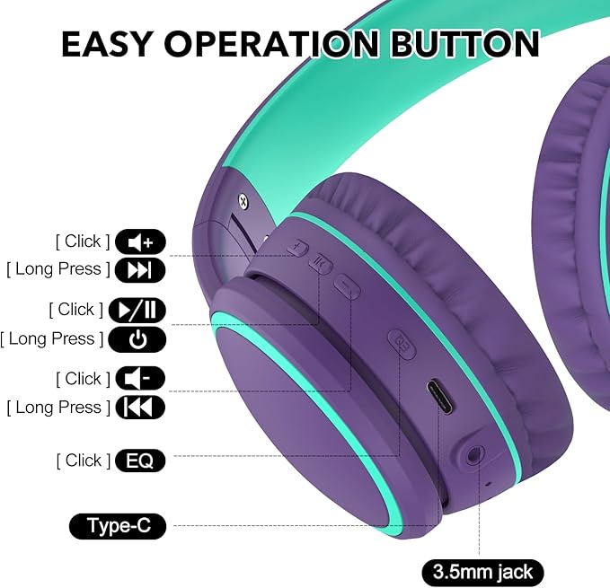 RORSOU B10 Bluetooth Headphones Over Ear, 2 EQ Music Modes(Normal/Bass) and 50H Playtime Wireless Headphones with Mic, Lightweight Folding HiFi Stereo Headset for iPad/Travel/Tablet/PC/Home (Purple)