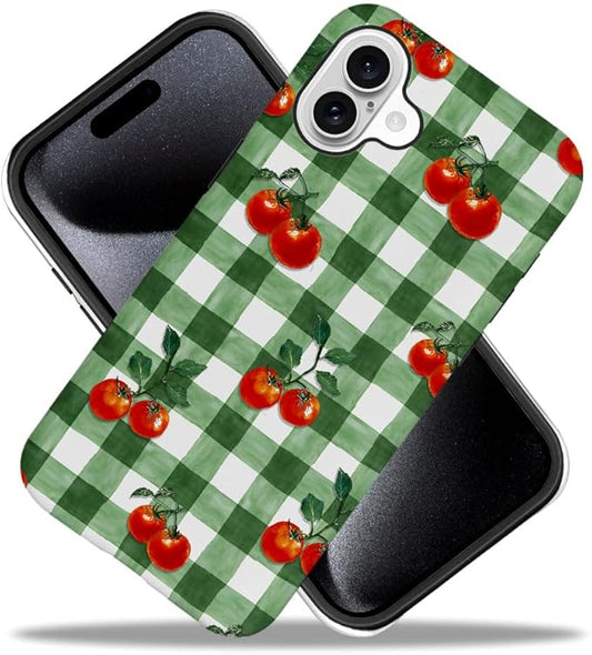 DAIZAG Case Compatible with for iPhone 16 Plus,Green Red Checkerboard Tomatoes Watercolor Phone Case for iPhone 16 Plus for Girl Women Boy Men