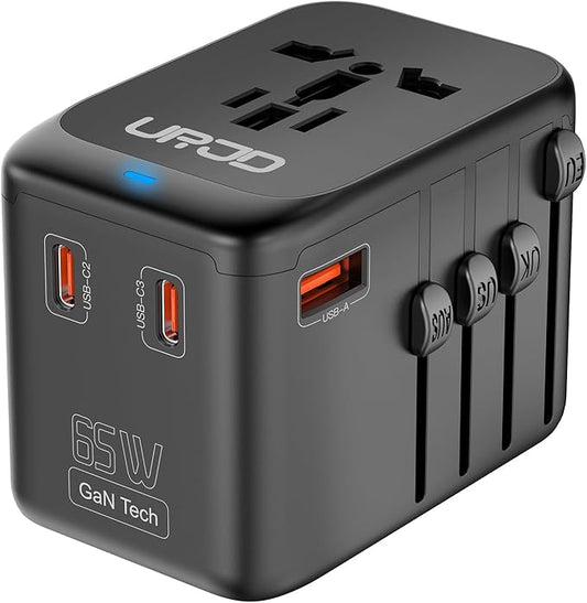 Universal Travel Adapter - GaN 65W Fast Charger - 3 USB C(Each/GaN 65W) & 1 USB A(PD 45W) Ports International Power Adapter - High Power Worldwide Travel Plug Adapter for Europe UK US AUS