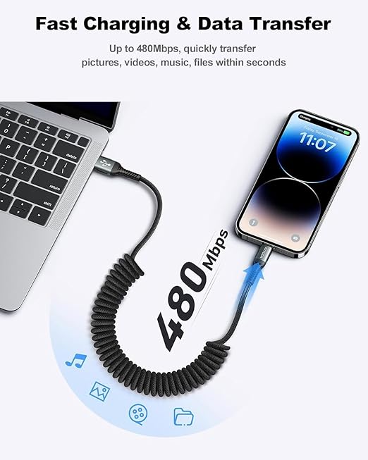 USB to Lightning Cable for Car 3FT+6FT, Coiled iPhone Charger Cable Braided USBA to Lightning Cable [Apple MFi Certified] Fast Charging Cord Compatible with iPhone 14/Pro Max/13 12 11 8, iPad AirPods
