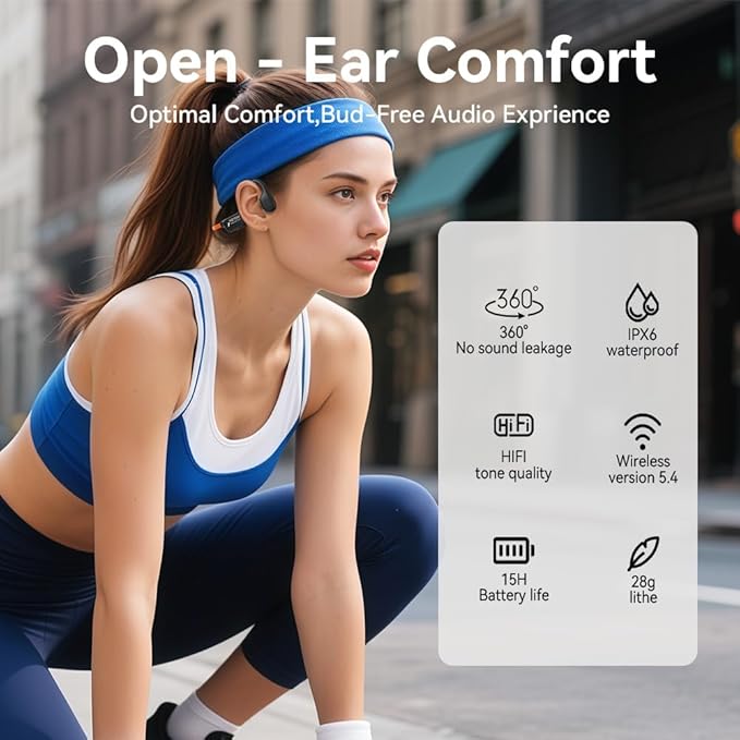 Bone Conduction Headphones, Open Ear Headphones Bluetooth5.4 with Mic, 15H Playtime, IPX6 Sweat Resistant Wireless Earphones, for Workouts and Running, Orange