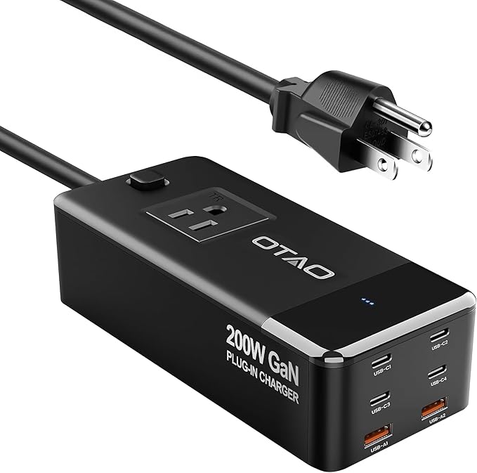 200W Power Station, 7-in-1 GaN Fasting Charging Station USB C Charger Power Strip with AC Adapter for MacBook Laptops iPhone iPad, 4 USB-C+2 USB-A Ports+1 AC Outlets Desktop Accessory for Home Office