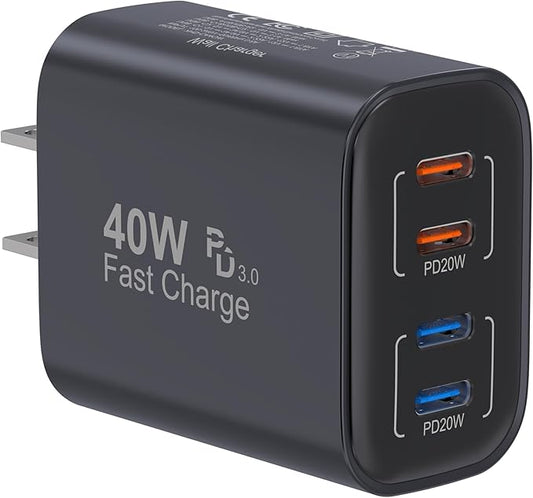 40W USB C Charging Block, 4 USB C Ports, Type C Wall Plug Fast Charger Cube, Power Adapter Box for iPhone 16, 15, 14, 13, 12, 11, Galaxy Phones, Watch, Tablet, Smartphones (Black 1Pack)