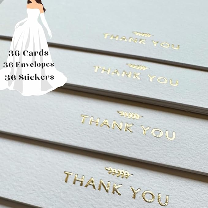 RUN2PRINT (36 Pack) Thank You Cards With Envelopes & Gift of 36 Foiled Stickers - Elegant Embossed Gold Foil Pressed Blank Notes Wedding All Occasion Cards (White)