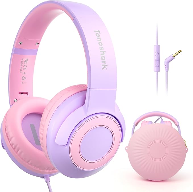 Kids Wired Headphones with Microphone, Volume Limited to 85/94dB Earphone for Boys & Girls, Foldable 3.5mm Jack Headset for School & Travel, Includes Portable Case(Purple)
