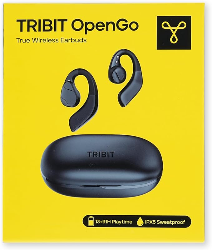 Tribit Open-Ear Headphones OpenGo, Wireless Earbuds with Bluetooth 5.3, IPX5 Waterproof Sport Earphones, 104H Playtime with Charging Case, Ergonomic Earhooks, LED Display, Built-in Mic for Workout