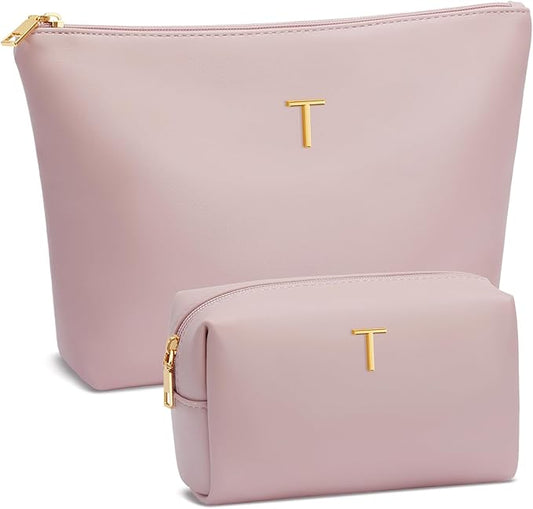 Women Gifts | Initial Makeup Bag Set for Girl Personalized Gifts for Bridesmaid Friend Graduation Teachers PU Leather Cosmetic Travel Toiletry Bag(Pink,T)