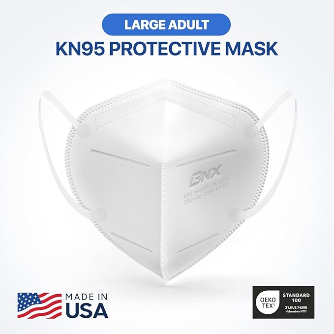 BNX KN95 Face Masks Made in USA (Adult Large, Adult Medium, Kids Small) (Earloop) (Model: E95/E95M/E95S)