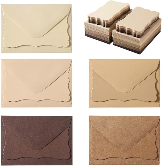 100 Pack Mini Envelopes with Note Cards in 5 Colors for Wedding, Birthday, Baby Showers, 4 x 2.7 Inches (Brown)