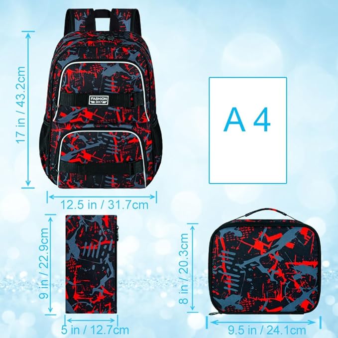 3Pcs Backpack for Girls Boys, 17 Inch School Bookbag with Lunch Box, Durable Laptop Backpacks Set for Teens College