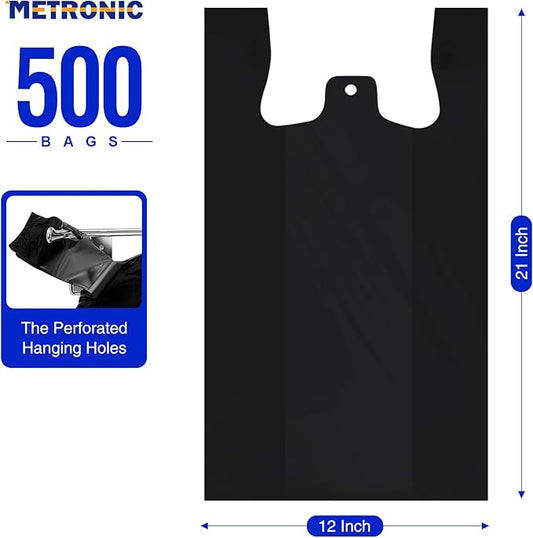 METRONIC 500 Count Black Plastic T-shirt Bags with Handle, 12" x 6.5" x 21" Plastic Carry Bags for Retail, Supermarket, Grocery Shopping Bag for Packaging, Takeout, Convenience Stores, in Bulk