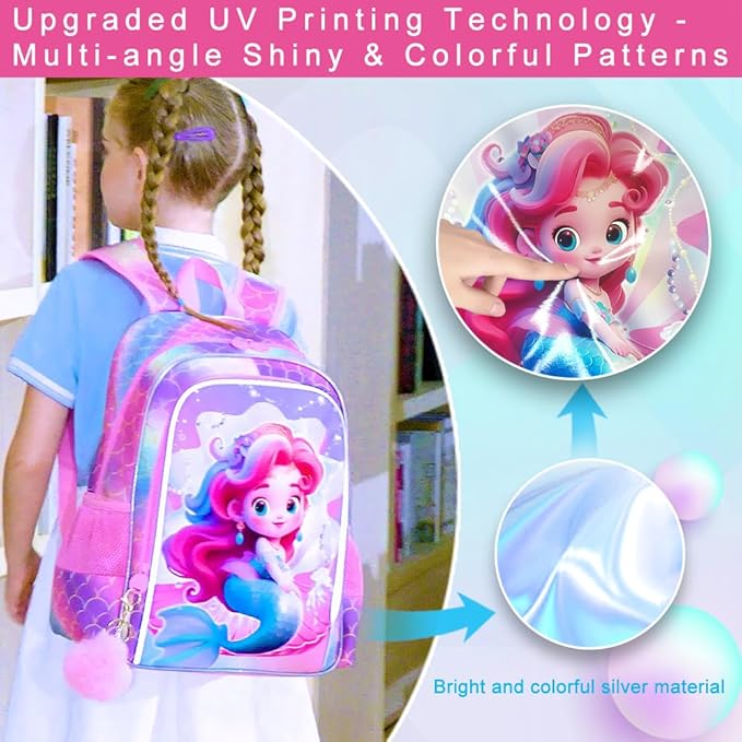 3Pcs Mermaid Backpack for Girls, 16" Kids Bookbag with Lunch Box，School Backpacks for Elementary Preschool Kindergarten (Pink)