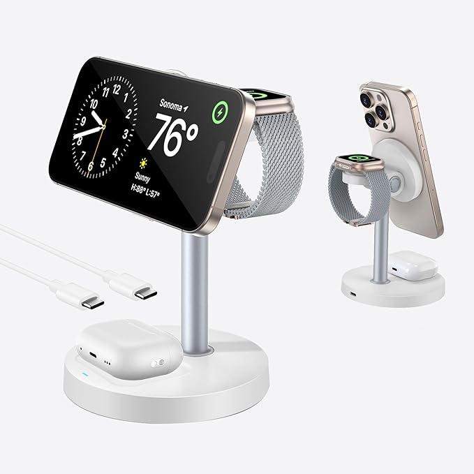 3 in 1 Wireless Charging Station for Multiple Devices, 15W Fast Magnetic Wireless Charger Stand with Adjustable Angle, Compatible with iPhone12-16 Series, Apple Watch, AirPods - Gifts for Men &Women