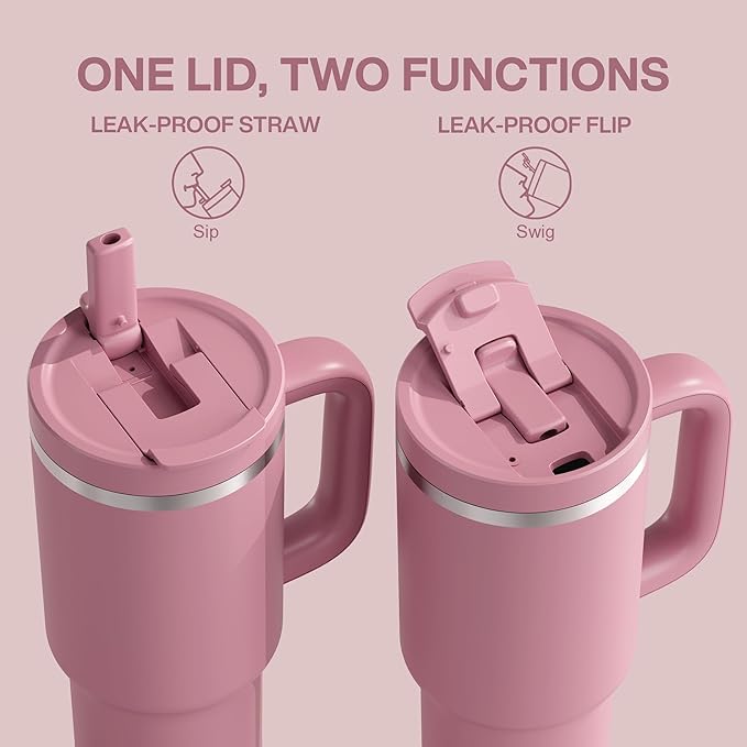 40 oz Tumbler with Handle and Straw: Stainless Steel Insulated Tumbler Keeps Cold for 24 Hours, Leakproof Travel Cup Fits in Cup Holder and BPA-Free, Turkish Rose