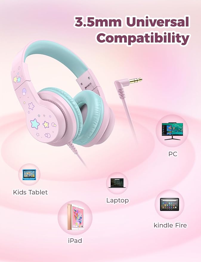 iClever Kids Headphones for School/Travel with Safe Volume 85dBA, HS19S Stereo Sound Over-Ear Girls Boys Headphones for Kids, Foldable 3.5mm Wired Headphone for iPad/Computer
