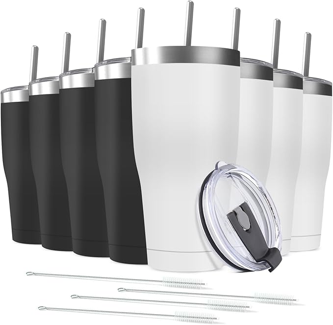 8 Pack 20oz Stainless Steel Tumblers Bulk Reusable Travel Mugs with Lid, Double Wall Powder Coated Coffe Cup for Home, Office, Outdoor Suitable for Vehicle Cup Holders