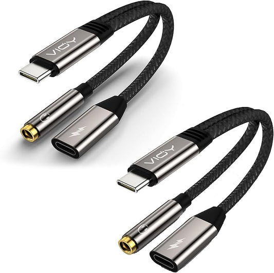 VIOY 2 Pack USB C to 3.5 mm Headphone and Charger Adapter-2 in 1 Type C to Aux and Charger Splitter with PD 60W Fast Charging and Data Transfer for iPhone 16/15 Pro,iPad Pro,Samsung Galaxy S20-22