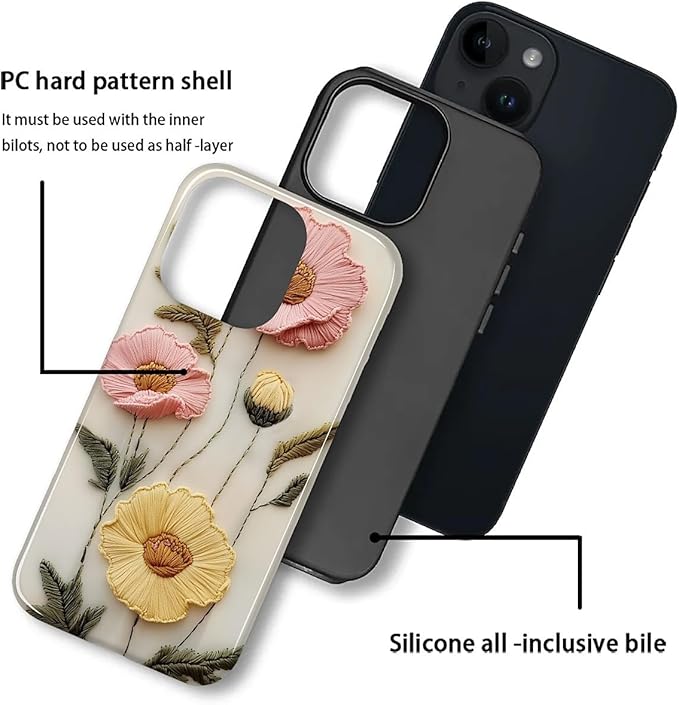 Case for iPhone 13 iPhone 14 Case,Faux Embroidery Boho Floral Design - Hybrid Dual Protection Silicone + Hard PC Shockproof Full Body Cover Slim Anti-Scratch Protective Case for Men Women
