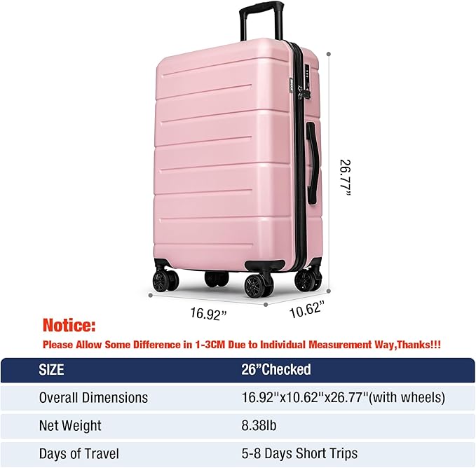 KYME 26 Inch Luggage TSA Approved Hard Shell Suitcases with Spinner Wheels Durable Medium Travel Checked Luggage with Cup Holder for Women Men Pink