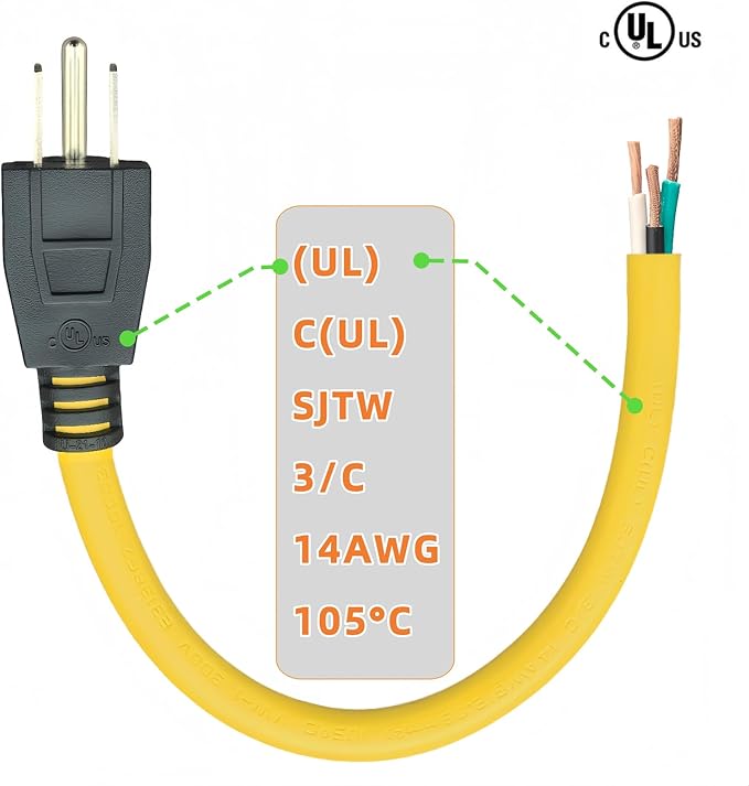6-Feet 15 Amp Household AC Plug to 20 Amp T Blade Adapter Cable，14AWG 6-Foot 15 Amp to 20 Amp Plug Adapter Cord Nema 5-15P to 5-15R/5-20R 20Amp Comb AC Power Cord, Yellow