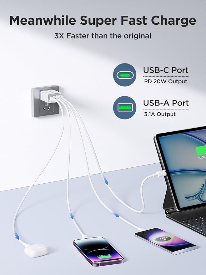 2 Pack USB C Wall Charger, 40W 4-Port USB C Fast Charger Block Dual Port QC+PD 3.0 Power Adapter, Multiport Type C Brick Charger with Lightning Cable for iPhone 14 13 12 11 Pro Max XS XR X 8 7 6 Plus