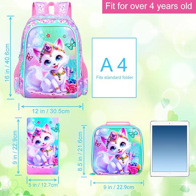 16" Fox Backpack for Girls, 3Pcs Kids Bookbag for Elementary Preschool Kindergarten, School Backpacks with Lunch Box(Pink)